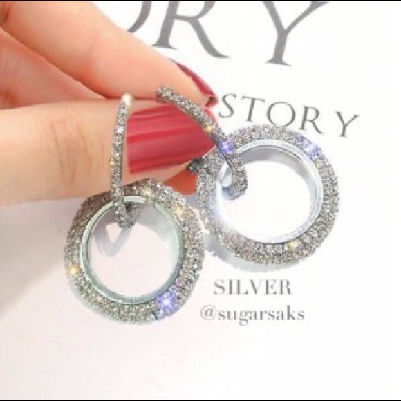 Crystal Pave Double Hoop Dangle Earrings - Sparkly - Picture 5 of 8